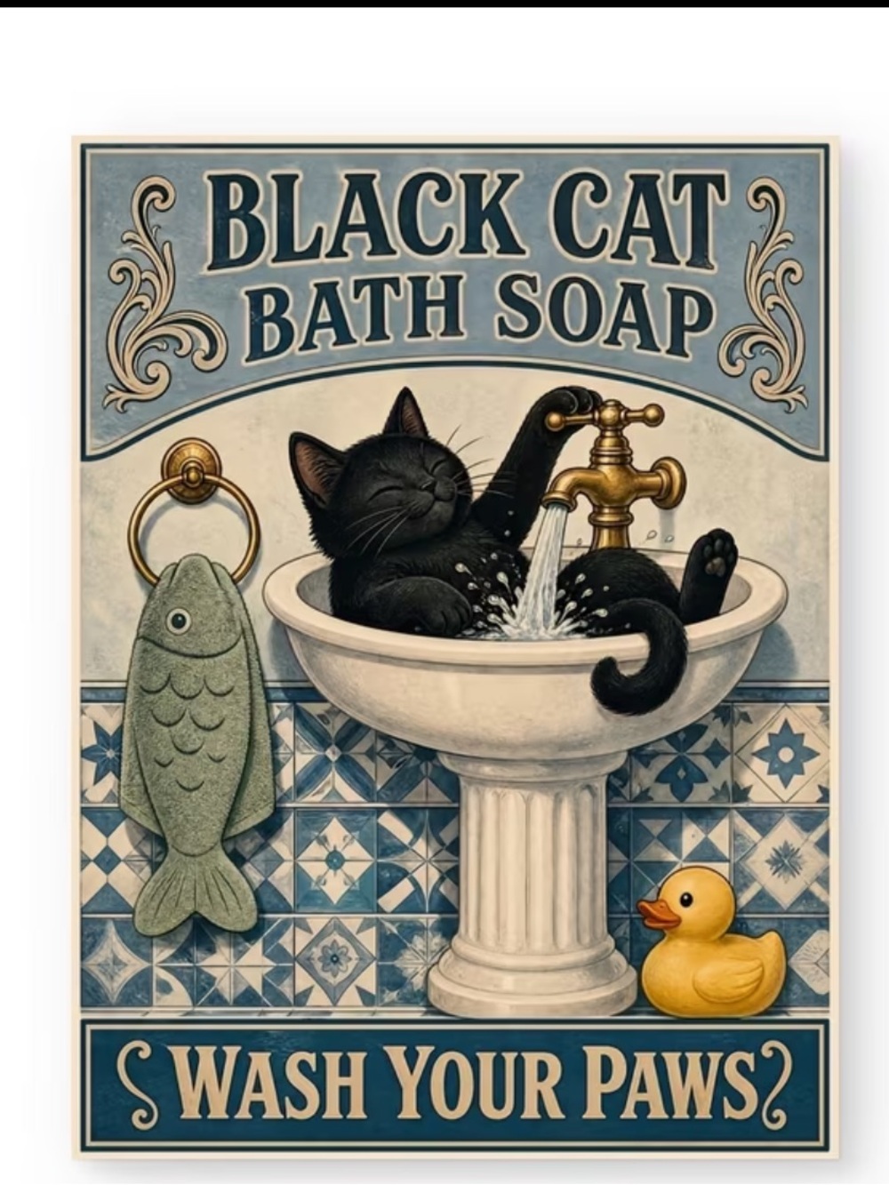 Black Cat Bath Soap Wall Art Print - Blue and Cream